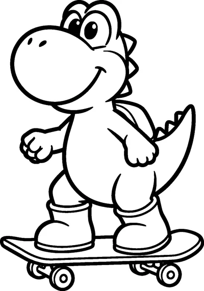 Yoshi stands on a skateboard in his boots, smiling, with his saddle and spiky tail behind him.