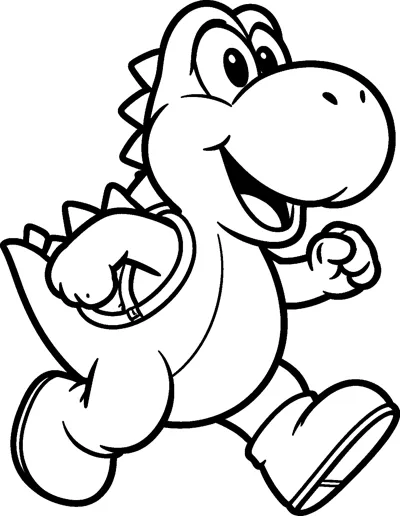 Yoshi runs with a big open smile, round snout, spikes down his back, a saddle on his back and chunky boots.