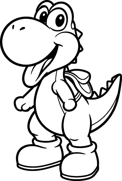 Yoshi stands in his boots with a cheeky grin and his long tongue hanging out, with a saddle on his back.