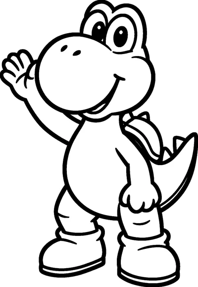 Yoshi stands in his boots and waves one hand, smiling with his round snout and a saddle on his back.