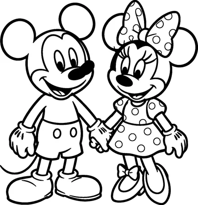 Mickey Mouse in buttoned shorts and big shoes holding hands with Minnie Mouse in her polka-dot bow and polka-dot dress.
