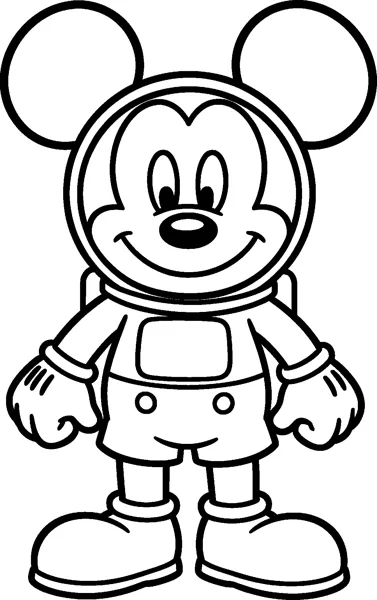 Mickey Mouse dressed as an astronaut in a round space helmet and spacesuit with a chest panel, gloves and big boots.