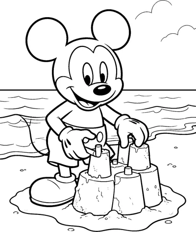 Mickey Mouse builds a sandcastle with several towers on a sandy beach, with gentle waves, the horizon and seagulls behind him.