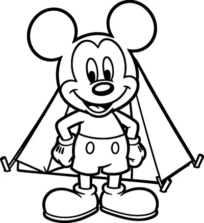Mickey Mouse standing proudly with his hands on his hips in front of a pitched tent held down with pegs.