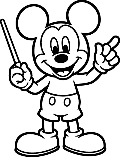Mickey Mouse holds a conductor's baton up in one hand and points a gloved finger in the air with a big cheerful grin.