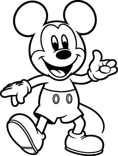 Mickey Mouse kicks up one big shoe and stretches out his gloved hands as he dances happily with a wide open smile.