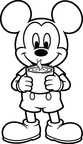 Mickey Mouse holds a steaming mug of hot cocoa in both gloved hands and smiles, standing in his shorts and big shoes.