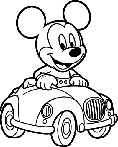 Mickey Mouse grins as he sits in a small rounded cartoon car with big wheels, a front grille and round headlights.