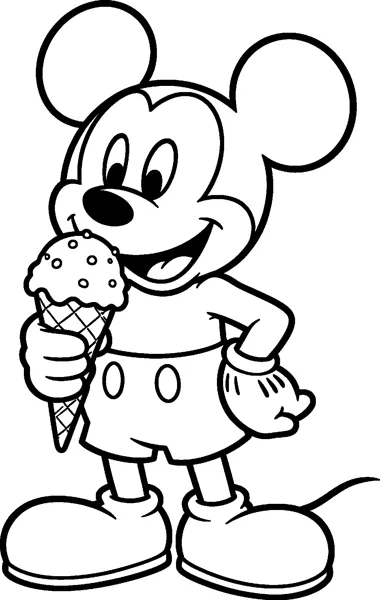 Mickey Mouse holds a waffle cone topped with a scoop of sprinkled ice cream and smiles, with one hand on his hip.