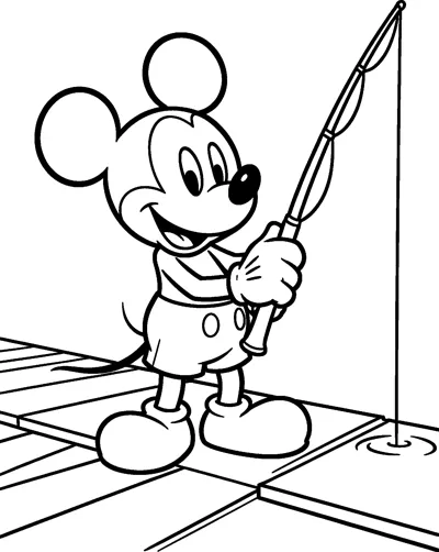 Mickey Mouse standing on a wooden dock holding a fishing rod, with the line dropping into the water below.