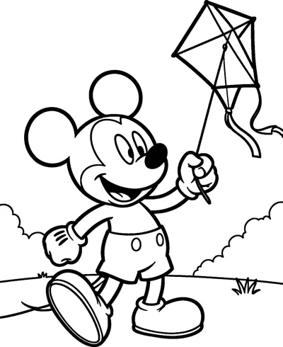 Mickey Mouse walking across a grassy park holding the string of a diamond-shaped kite with a ribbon tail, bushes behind him.