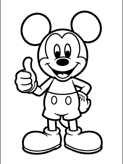 Mickey Mouse gives a big thumbs up with one gloved hand while the other rests on his hip, smiling widely.