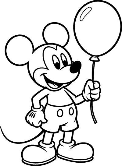 Mickey Mouse smiles and holds the string of a big round balloon in one gloved hand while resting his other hand on his hip.