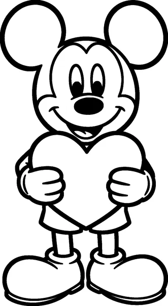 Mickey Mouse holds a large heart shape in front of his body with both gloved hands and a sweet smile.