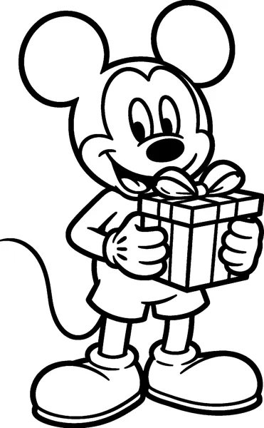 Mickey Mouse holds a wrapped gift box with a ribbon and bow in his gloved hands, grinning with excitement.
