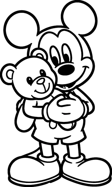 Mickey Mouse hugs a smiling teddy bear close to his chest with both gloved hands and a happy grin.