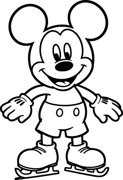 Mickey Mouse balancing on ice skates with his arms out wide, wearing his two-button shorts and white gloves.