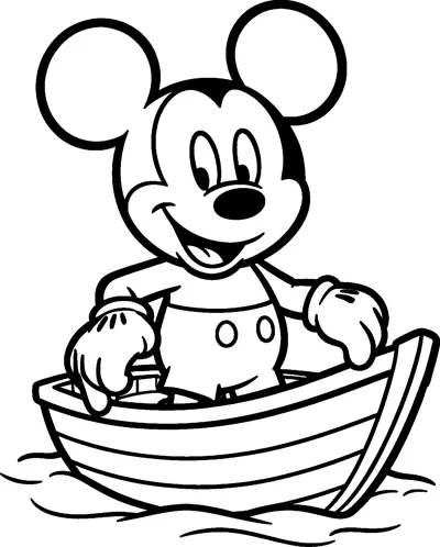 Mickey Mouse smiling as he stands in a small wooden boat on gentle waves, wearing his two-button shorts and white gloves.
