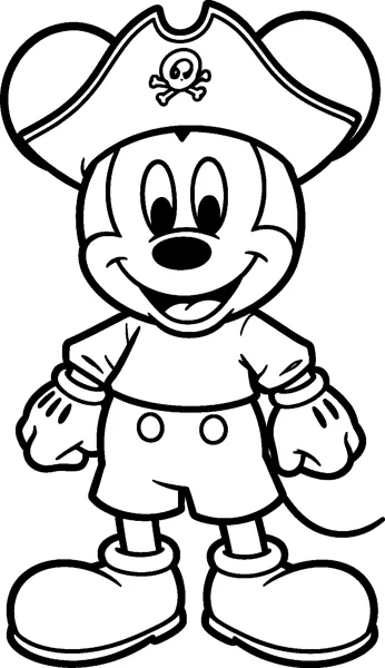 Mickey Mouse wears a pirate hat with a skull and crossbones badge and stands smiling in his shirt, shorts and big shoes.