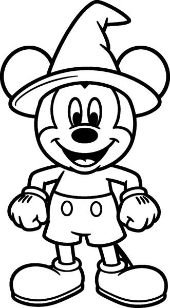 Mickey Mouse stands with clenched gloved hands and a big smile, wearing a tall pointed sorcerer hat with a wide brim.