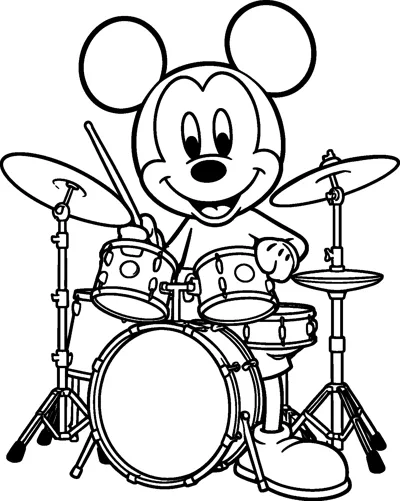 Mickey Mouse sits behind a full drum kit with cymbals and a big bass drum, holding a drumstick and smiling.