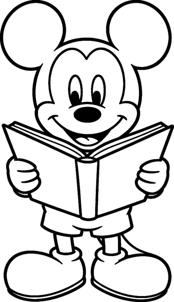Mickey Mouse holds a big open book up in front of him with both gloved hands and smiles as he reads.