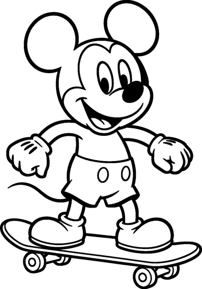 Mickey Mouse balances on a skateboard with four wheels, his arms out to the sides and a big excited smile.