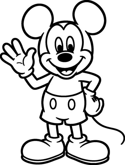 Mickey Mouse raises one gloved hand to say hello while his other hand rests on his hip and his tail curls behind.