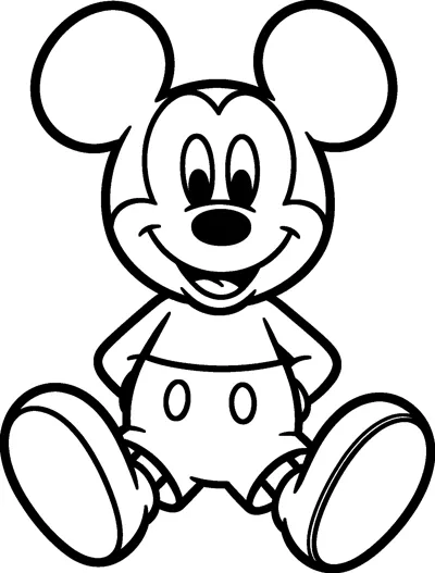 Mickey Mouse sits on the ground with his big shoes pointing forward, hands on his hips and a wide friendly smile.