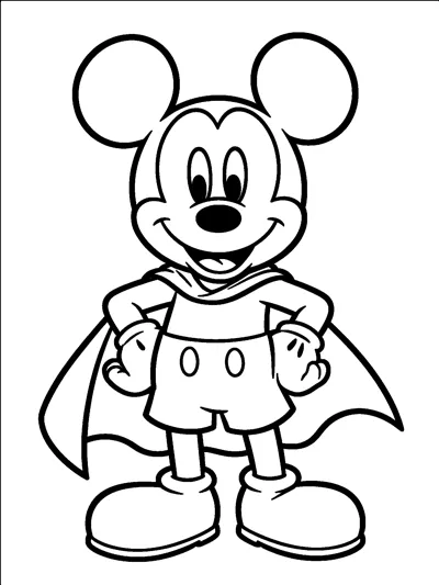 Mickey Mouse stands with his hands on his hips like a hero, wearing a flowing cape over his classic shorts and big shoes.