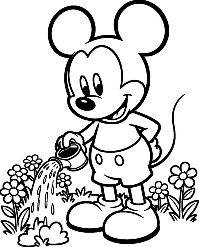 Mickey Mouse pouring water from a watering can onto a bed of flowers, with one hand on his hip and flowers all around.