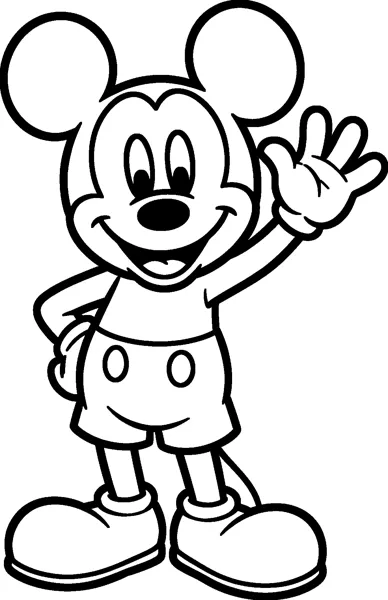 Mickey Mouse stands with one gloved hand raised in a friendly wave and the other on his hip, wearing his classic shorts and big shoes.
