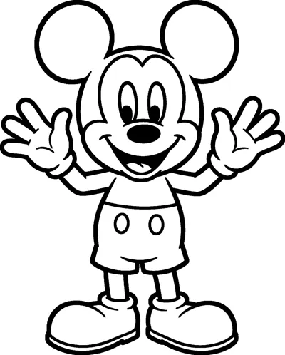 Mickey Mouse stands facing forward with both gloved hands raised high in a big double wave and a huge happy smile.