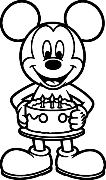 Mickey Mouse holds a round birthday cake with three lit candles on a plate in front of him and smiles broadly.