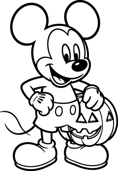 Mickey Mouse stands with one hand on his hip and the other resting on a carved jack-o'-lantern with a toothy grin.