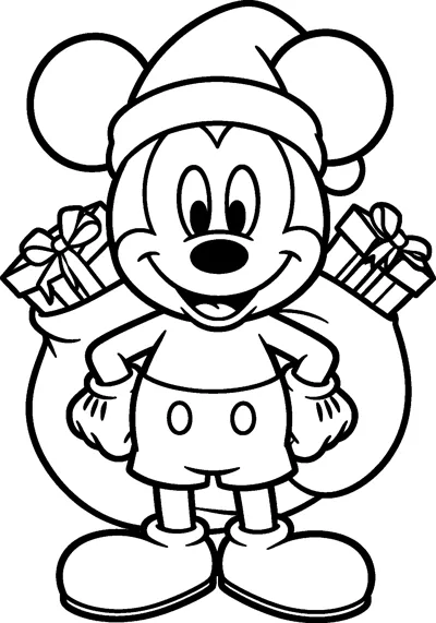 Mickey Mouse in a Santa hat standing with his hands on his hips in front of a big sack full of wrapped presents.