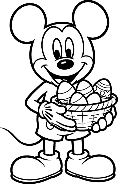 Mickey Mouse holds a woven basket filled with decorated Easter eggs in both gloved hands and smiles happily.