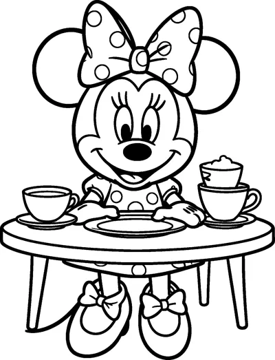 Minnie Mouse sitting at a round table set with teacups, saucers and a plate, smiling in her polka-dot bow and dress.