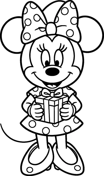 Minnie Mouse smiling as she holds a wrapped present tied with a ribbon bow, wearing her polka-dot bow and polka-dot dress.