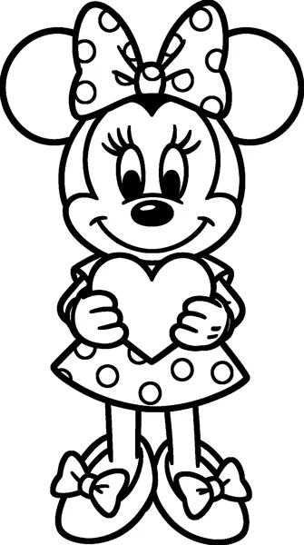 Minnie Mouse smiling as she holds a big heart in front of her polka-dot dress, with a large bow and bowed shoes.