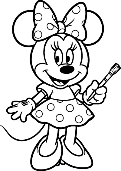 Minnie Mouse smiling and holding up a paintbrush in one gloved hand, wearing her polka-dot bow, dress and round shoes.