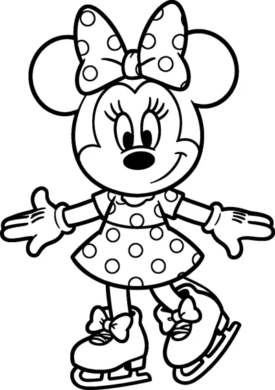 Minnie Mouse gliding on ice skates with her arms stretched out for balance, wearing her polka-dot bow and polka-dot dress.