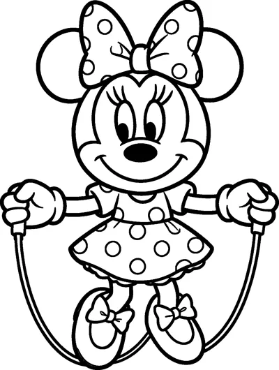 Minnie Mouse holding the handles of a skipping rope that loops under her feet, wearing her polka-dot bow, dress and bowed shoes.