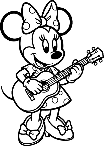 Minnie Mouse strumming an acoustic guitar with a happy smile, wearing her polka-dot bow, polka-dot dress and shoes with bows.