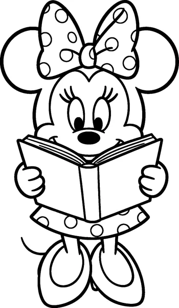 Minnie Mouse holding a large open book in both hands and smiling over the pages, with her polka-dot bow and dress.