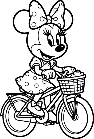 Minnie Mouse riding a bicycle with a woven basket on the front, smiling in her polka-dot bow, dress and bowed shoes.