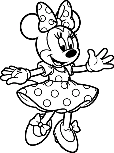 Minnie Mouse spins on her toes with arms stretched wide, her polka-dot dress flaring out and a big bow on her head.
