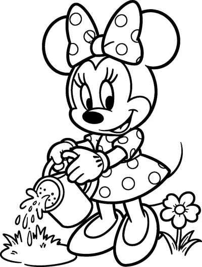 Minnie Mouse pouring water from a watering can onto the grass beside a flower, wearing her polka-dot bow and polka-dot dress.