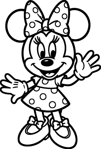Minnie Mouse smiling and waving one gloved hand, wearing her big polka-dot bow, polka-dot dress and shoes with little bows.