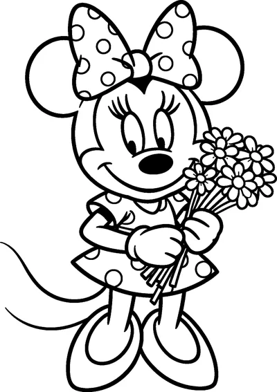 Minnie Mouse smiling and holding a bunch of daisy-like flowers in both gloved hands, wearing her polka-dot bow and dress.